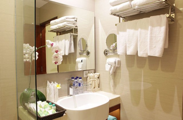 Elegant vanity and sink area within the spacious bathroom of the Two-Bedroom Suite.