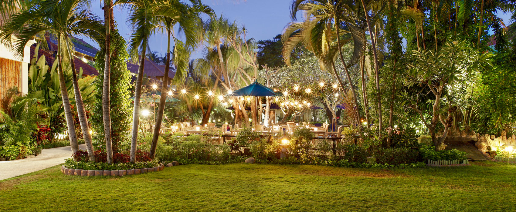 Nighttime view of the Beer Garden at Astagina Resort