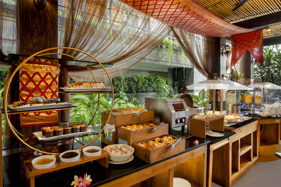 Gourmet breakfast buffet display at Pangi Bistro in Astagina Resort.