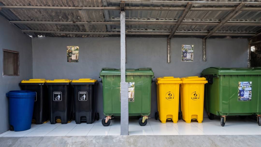Color-coded waste sorting bins for organic and inorganic waste at Astagina Resort Villa and Spa, a sustainability initiative at a Legian beach resort in Bali.