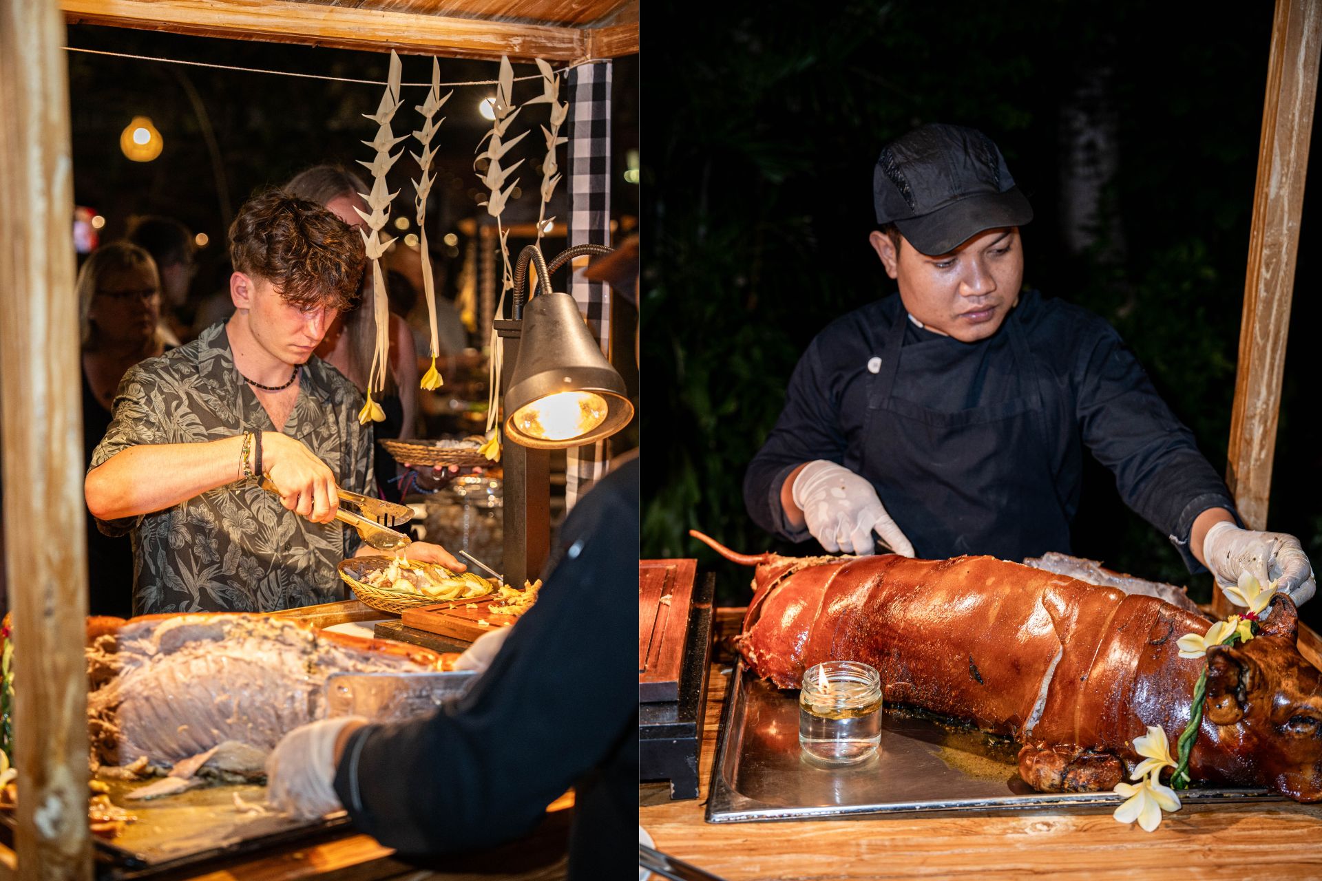 Chef carving fresh Balinese Suckling Pig and serving a guest at the outdoor BBQ dinner, Astagina Resor