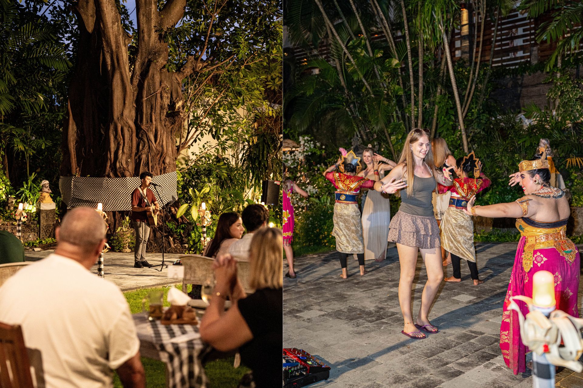 Traditional Balinese dance performance and live music entertainment during the outdoor BBQ dinner at Astagina Resort