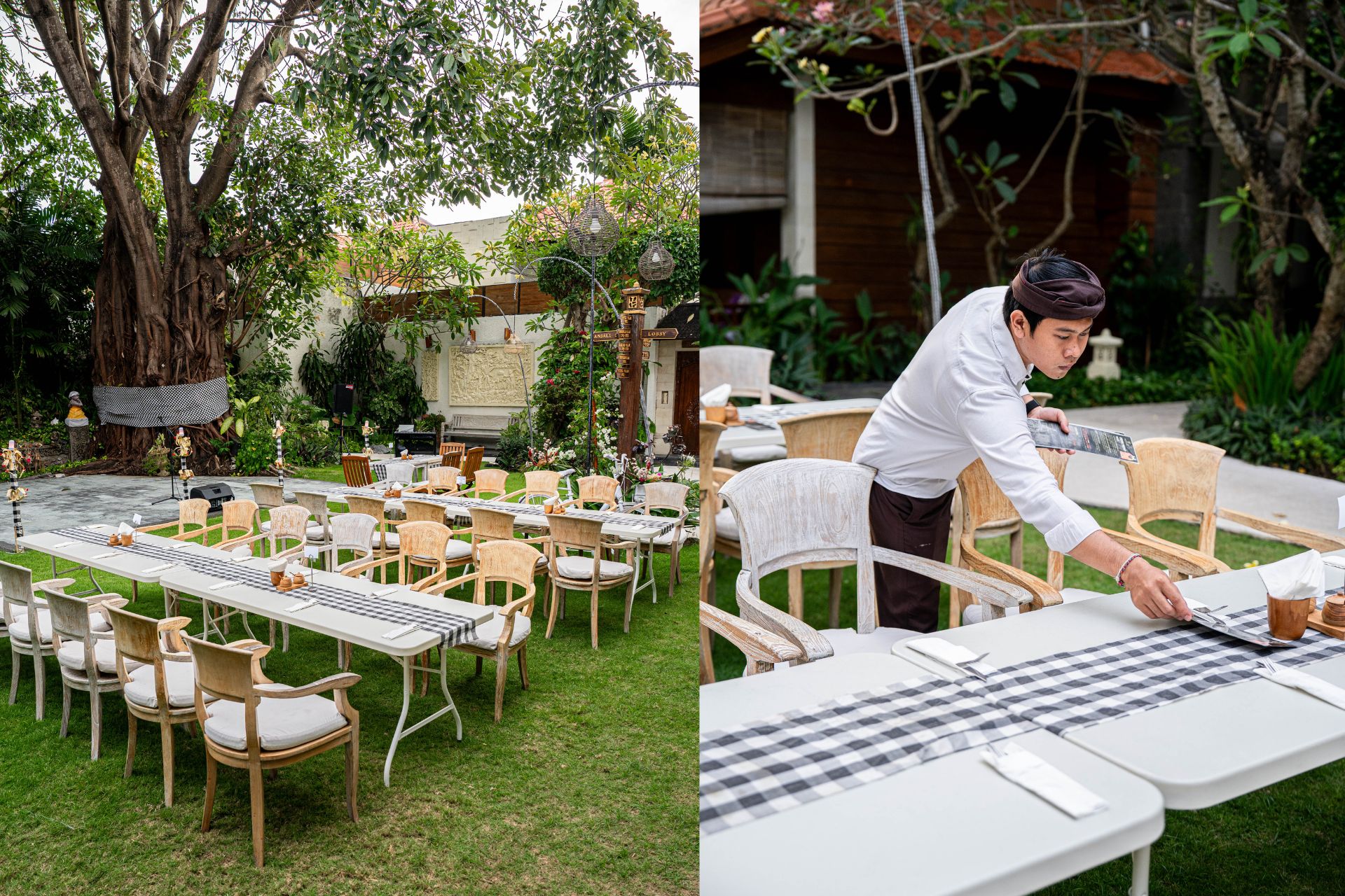 Staff in traditional Balinese attire preparing a station for the outdoor Suckling Pig BBQ dinner at Astagina Resort