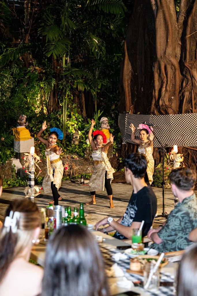 Live Balinese contemporary dance performance during dinner at the Banyan Garden Pangi Bistro Legian Bali