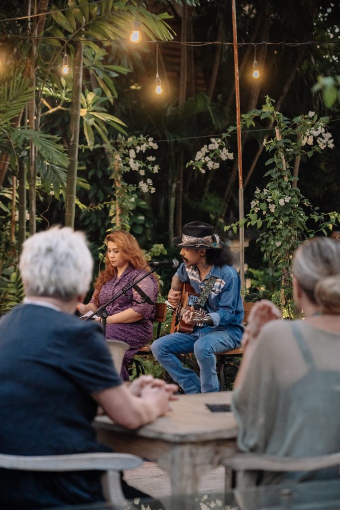 Acoustic musician duo performing live entertainment during BBQ Night at Pangi Bistro, Legian